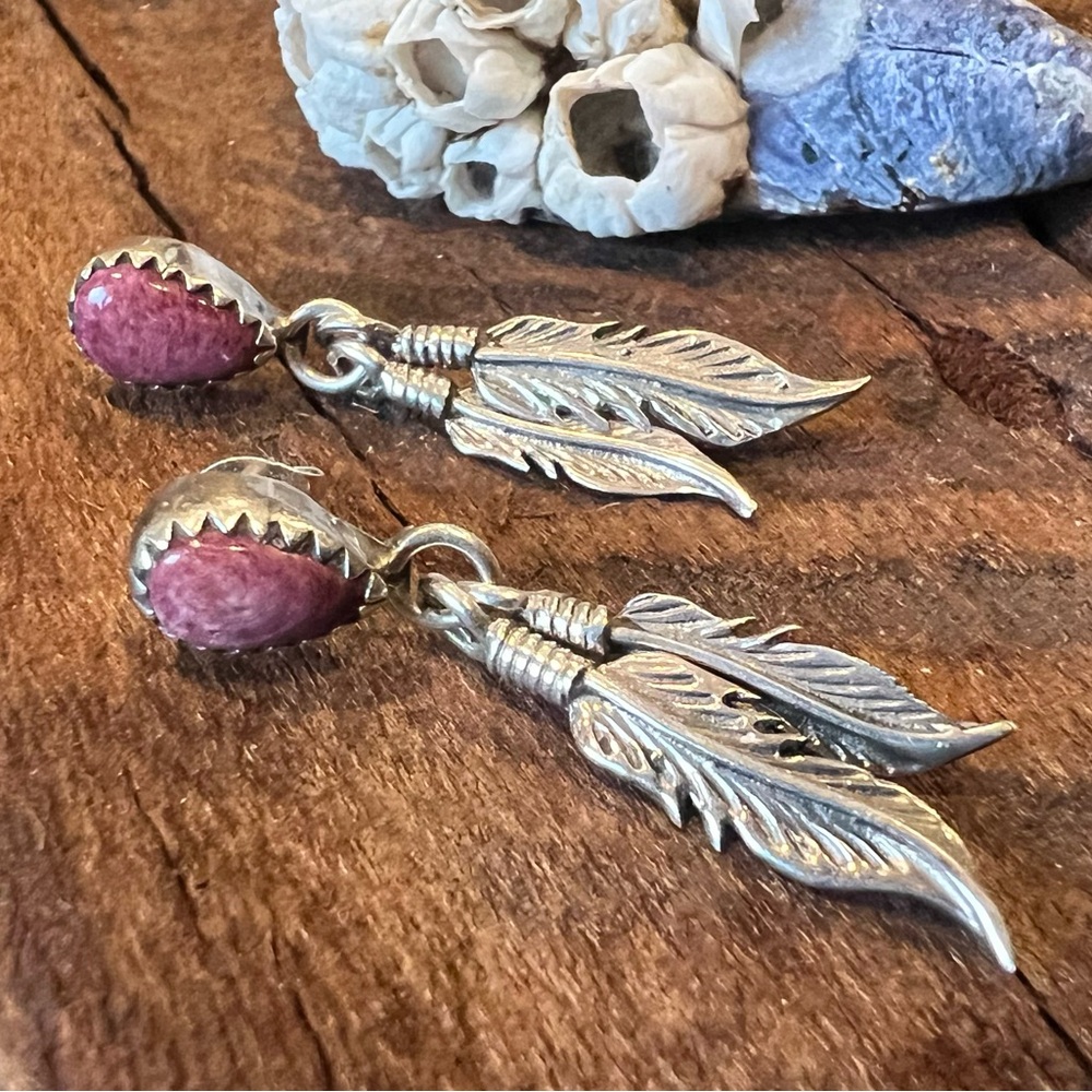Native American Navajo Earrings Natural Ruby Feathers Dangle Sterling 1.5” Gem